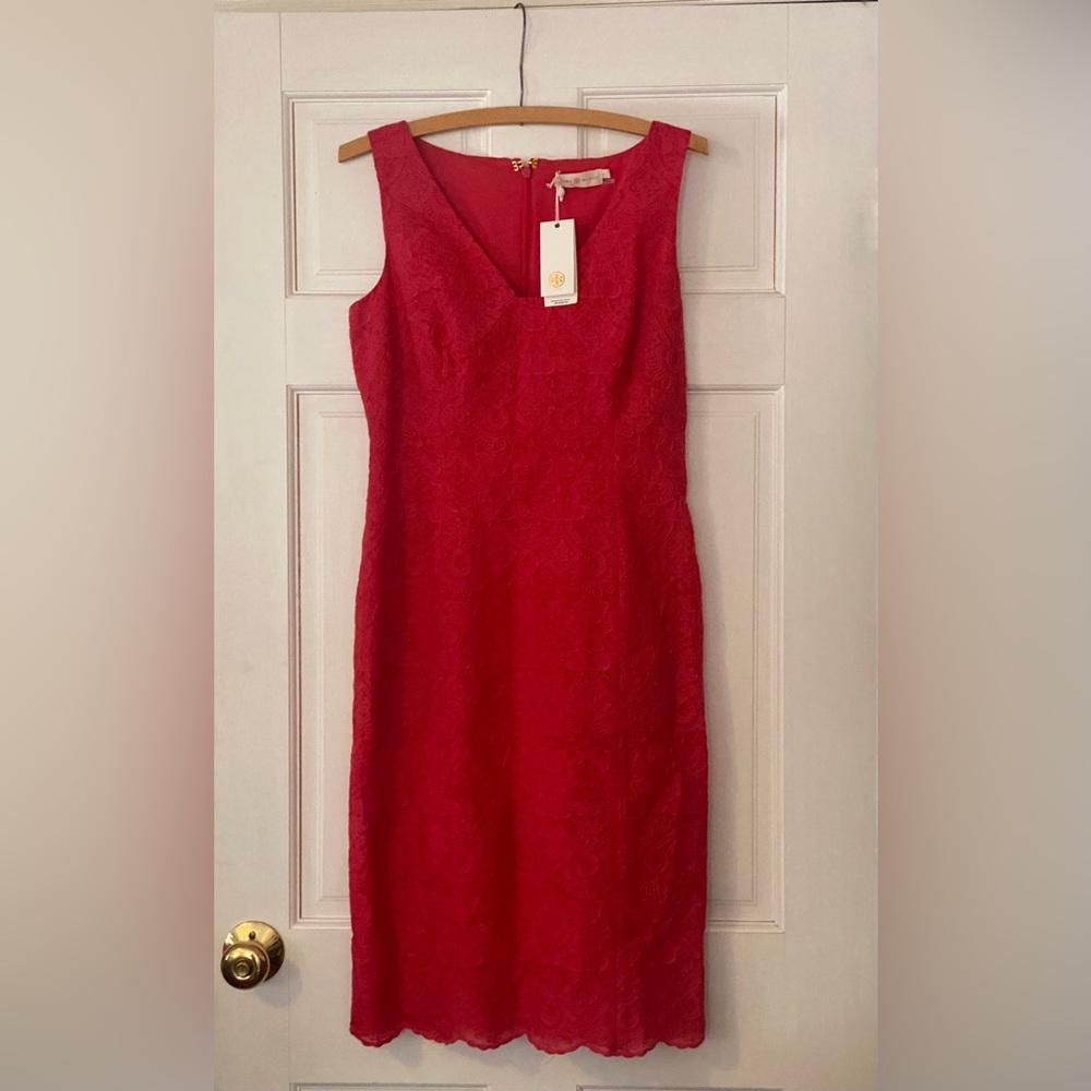 Tory Burch NWT Red Embroidered Lace Sleeveless Cameron Sheath Dress Size 6